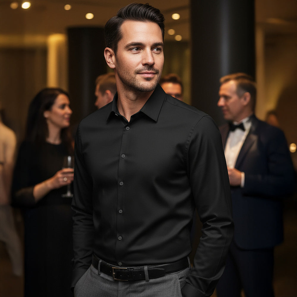 Valuetainment Men's Black Tencel Long Sleeve Button Down Shirt (Classic Fit)