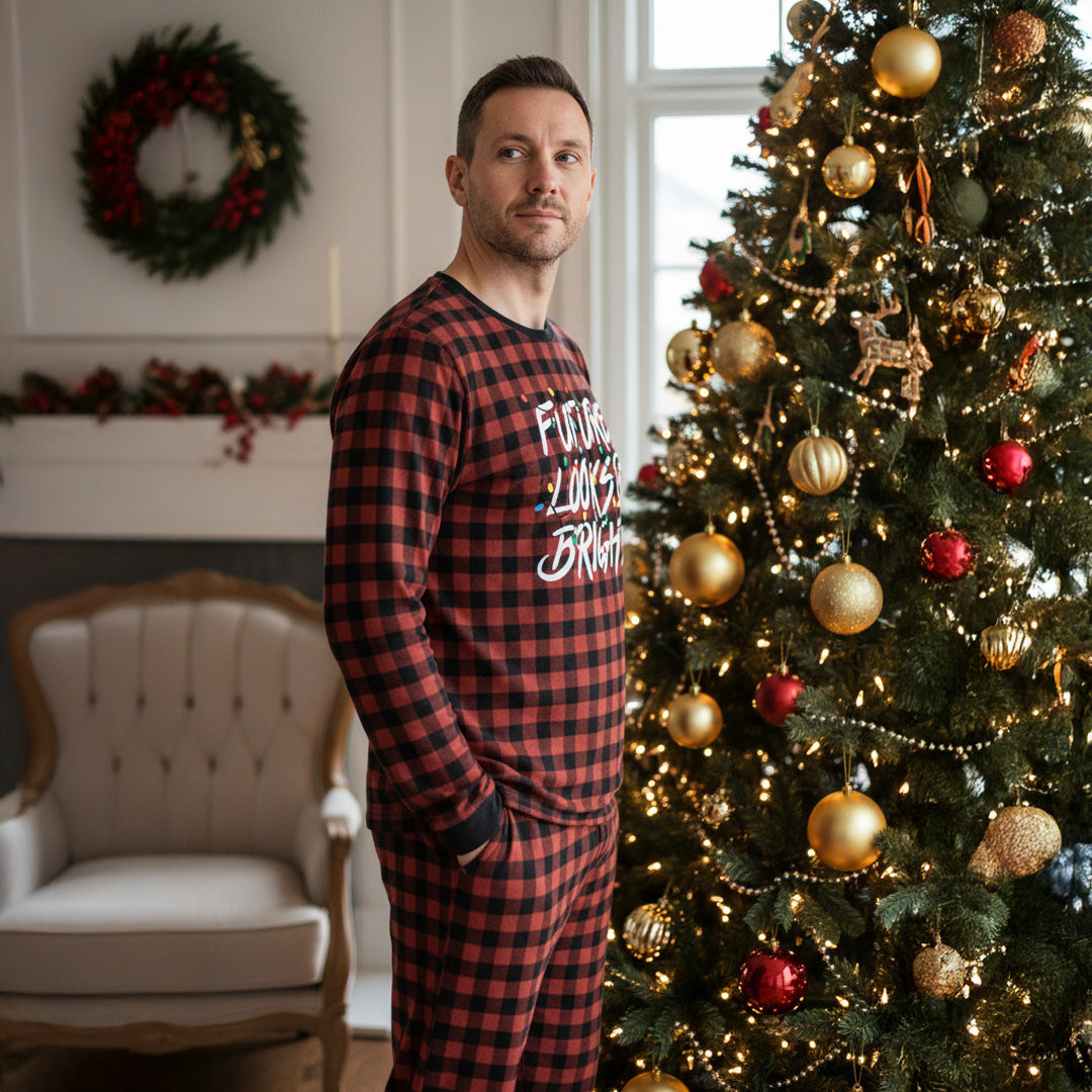 Future Looks Bright Christmas Lights Red and Black Plaid Pajama Set - Unisex