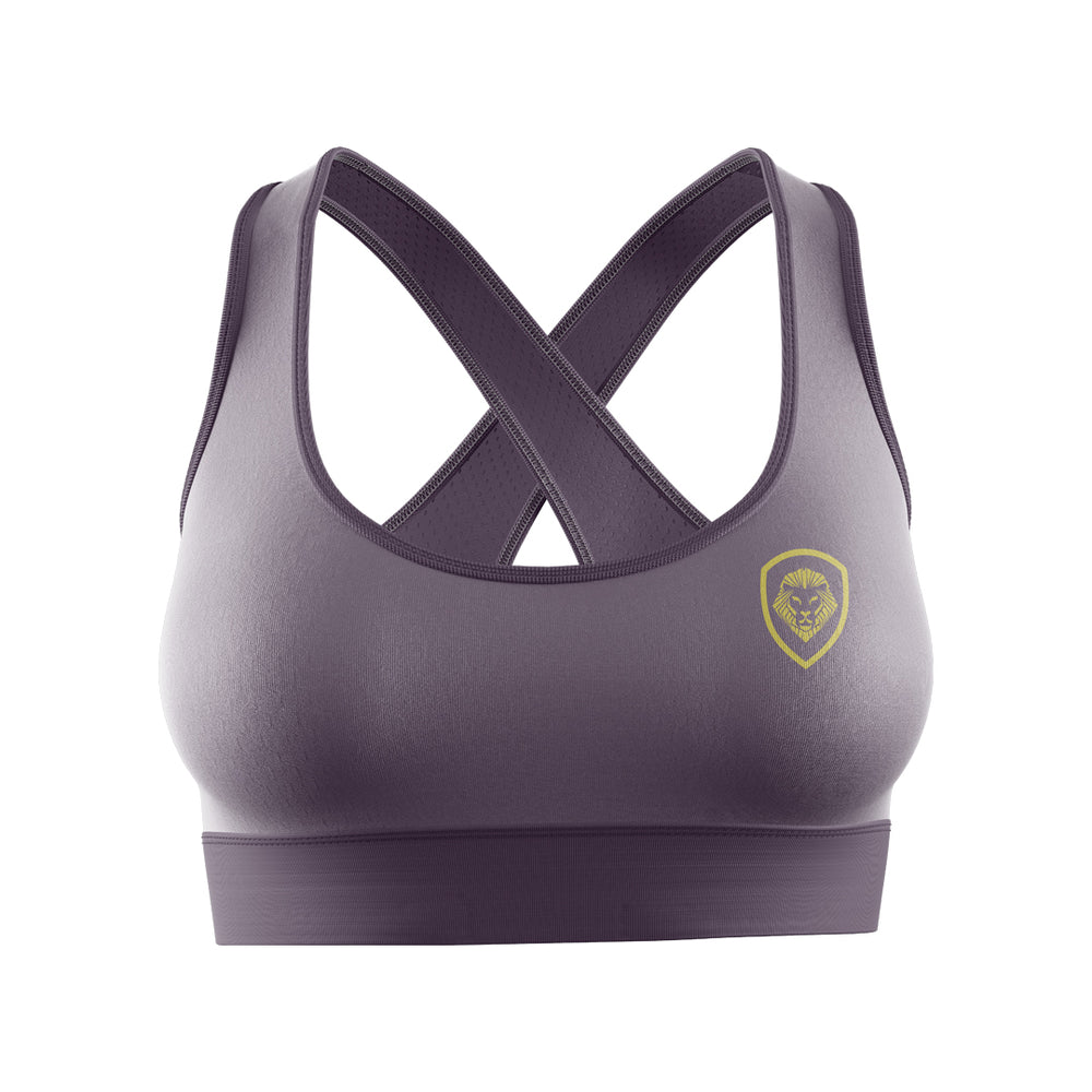 Women's Lion Shield Mocha and Gold Performance Sports Bra